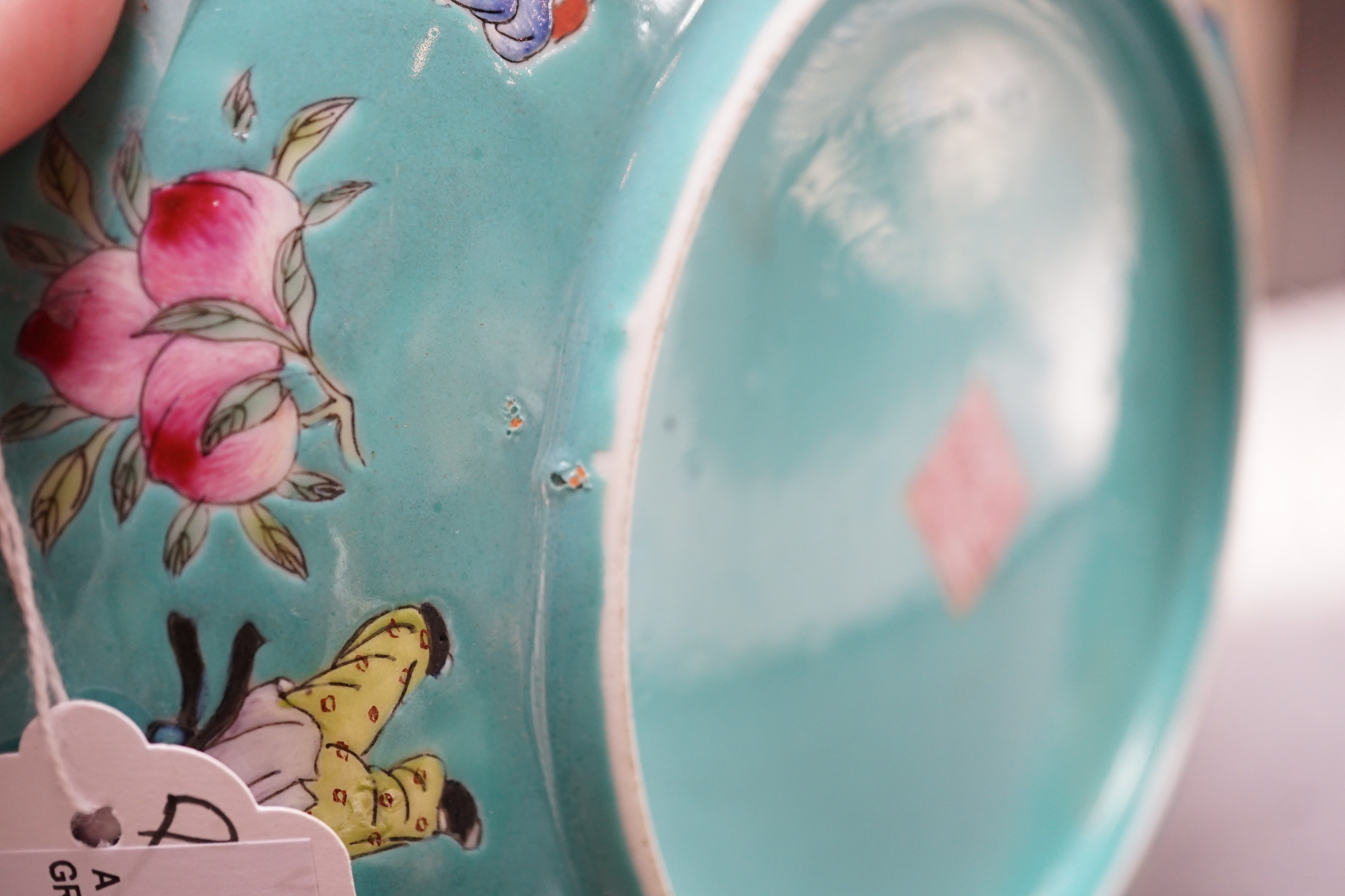 A Chinese turquoise ground 'Boys' dish, Jiaqing seal mark but Republic period, 23.5cm diameter, two hairline cracks
